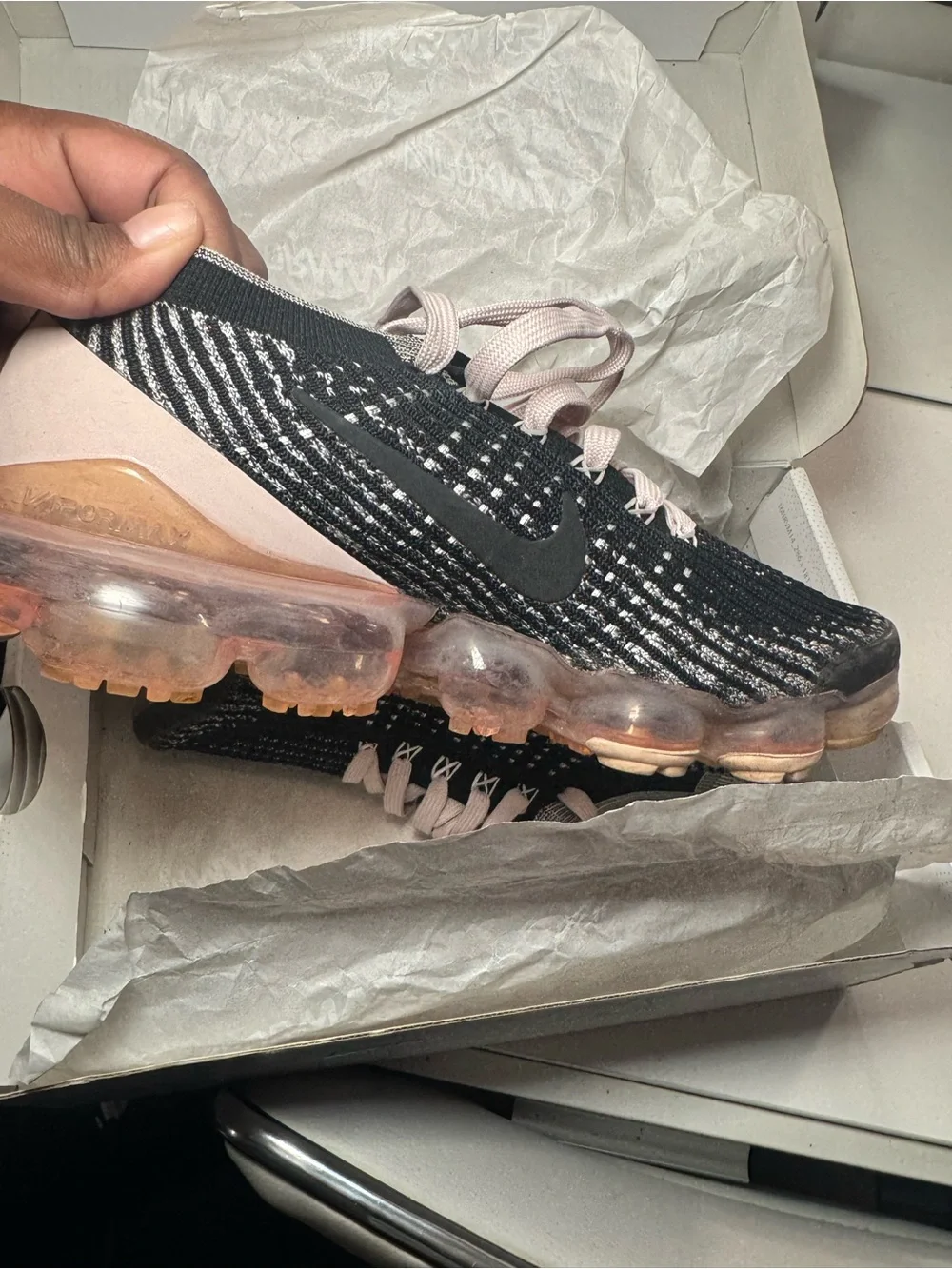 Nike Women's Black and Pale Pink Flyknit VaporMax Sneakers